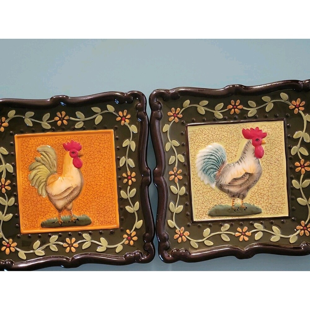 Set of 2 MWW Market Kimberly Poloson 8" Square Rooster Plates 3D Vintage Style
